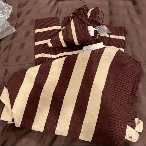 NWT 2 Piece Sweater Cardigan & Dress Set, in Dark Brown and Cream striped, Sz L - Picture 3 of 6